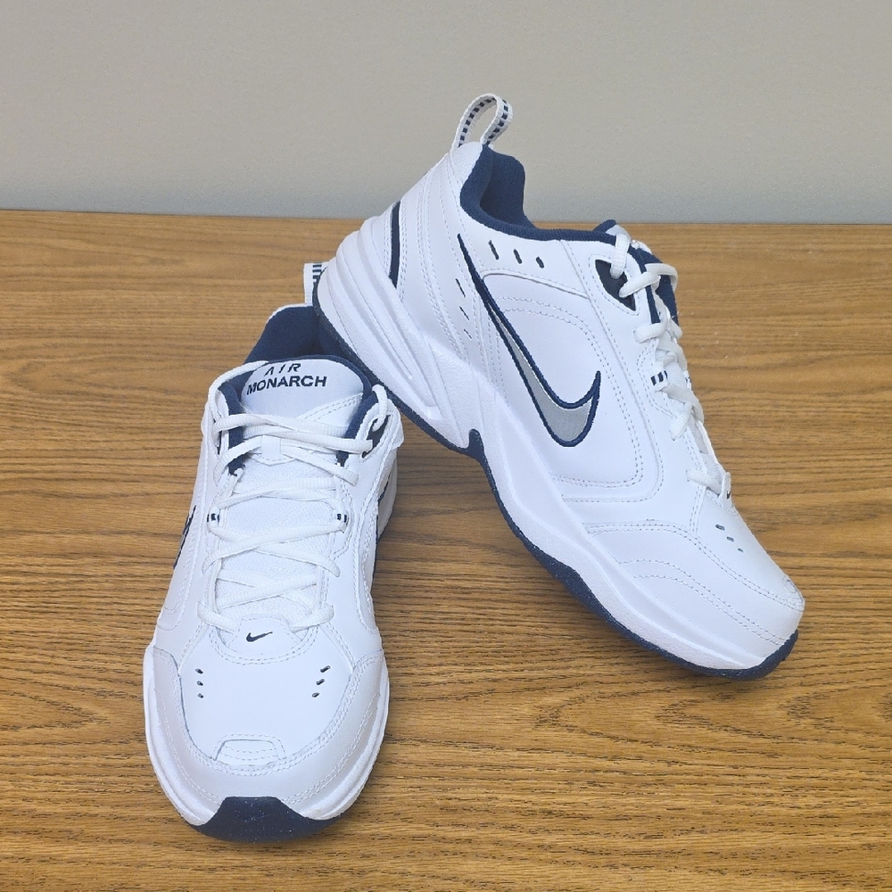 Nike Air Monarch IV White/Blue/Metallic Silver Men's Size 10.5 Wide 416355-102